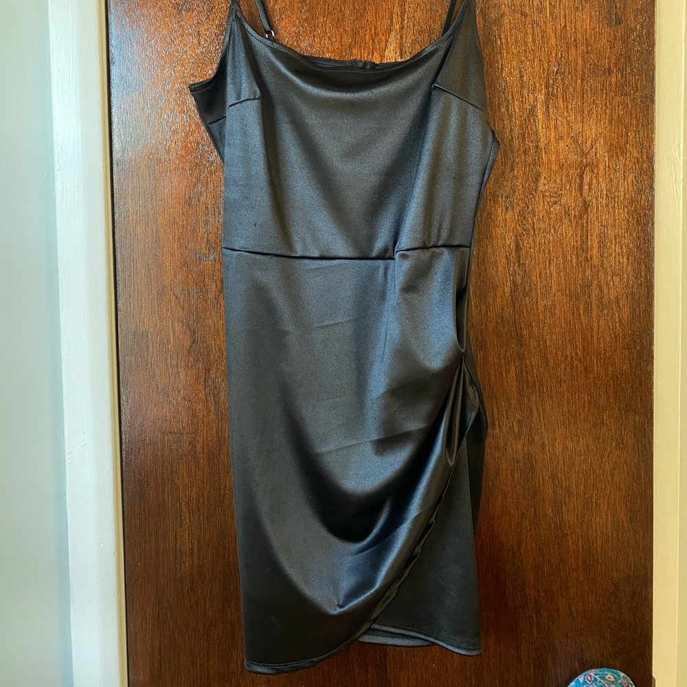 NWT Black Satin Wrap Mini Dress, size L